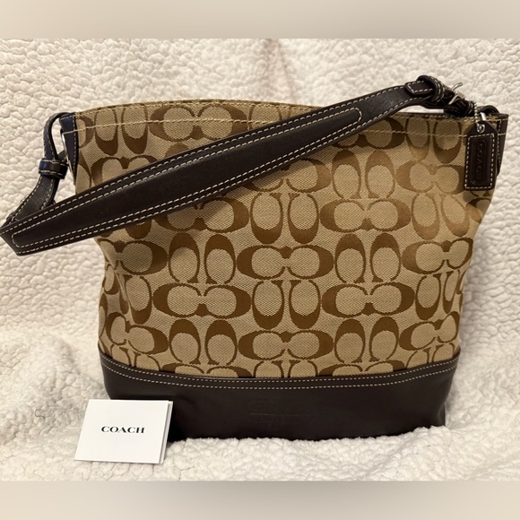 Vintage Authentic Coach Tan Brown Signature Monogram Large Bucket Tote Bag - Picture 1 of 16